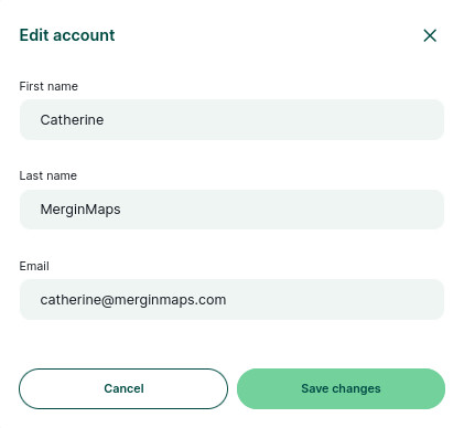 Mergin Maps painel de controlo: editar nome e e-mail Mergin Maps painel de controlo: editar nome e e-mail