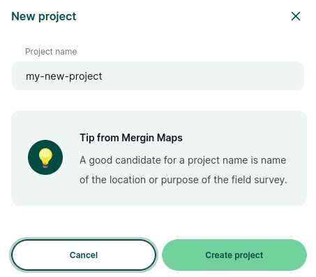 Mergin Maps painel de controlo: criar novo projeto