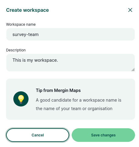 Criar um espaço de trabalho no painel de controlo web do Mergin Maps – detalhes