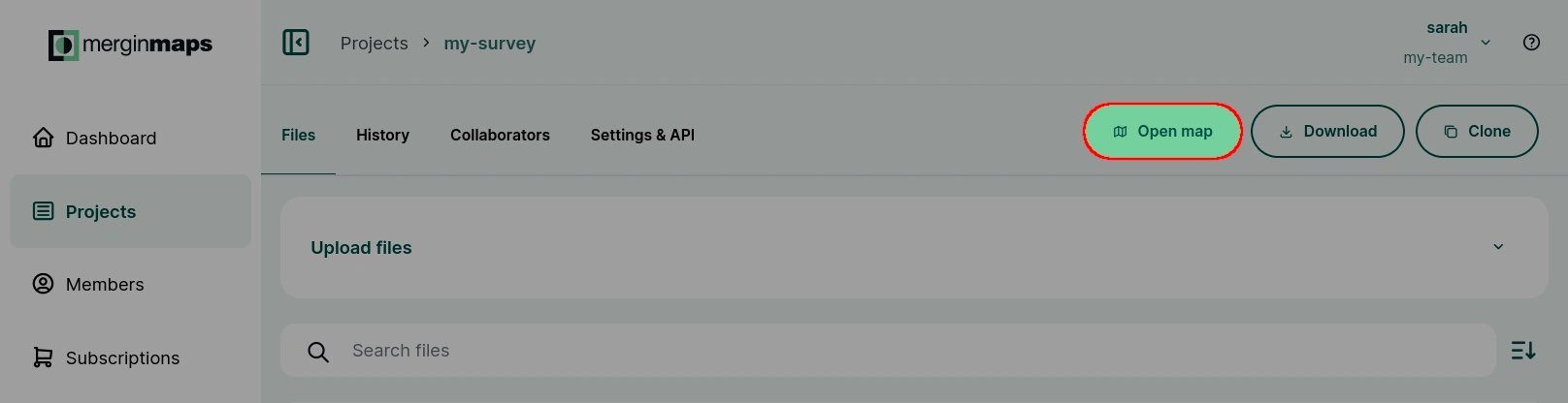 Mergin Maps painel Abrir mapa web Mergin Maps painel Abrir mapa web