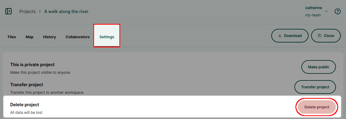 Mergin Maps painel de controlo: eliminar projeto