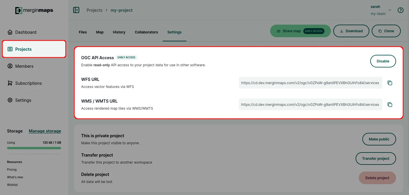 Ativar o acesso à API da OGC para um projeto d Mergin Maps 