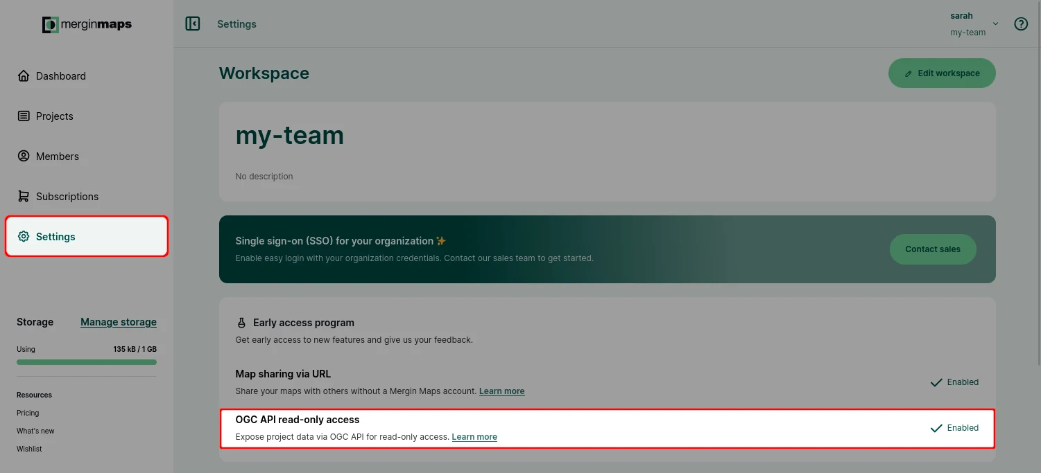Ativar o acesso à API OGC para um espaço de trabalho d Mergin Maps 