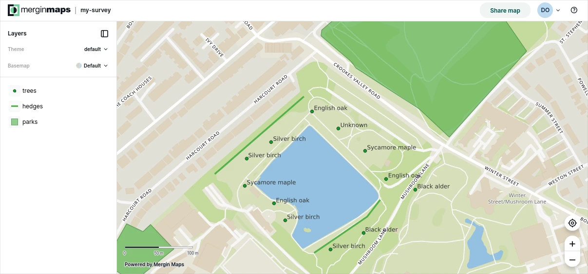 Mergin Maps painel de controlo, mapas na Web