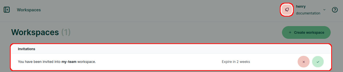 Notificação no painel - convite para um espaço de trabalho Notificação no painel - convite para um espaço de trabalho