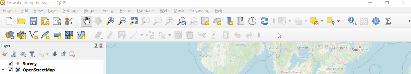 Ativar o plugin « Mergin Maps » no painel de barras de ferramentas do « QGIS »