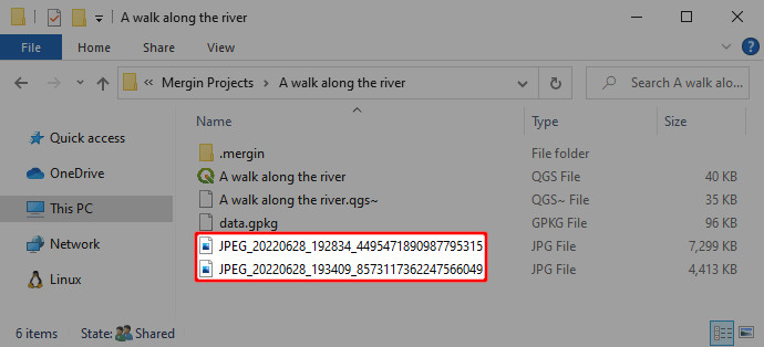 Mergin Maps ficheiros de projeto na pasta «PC»