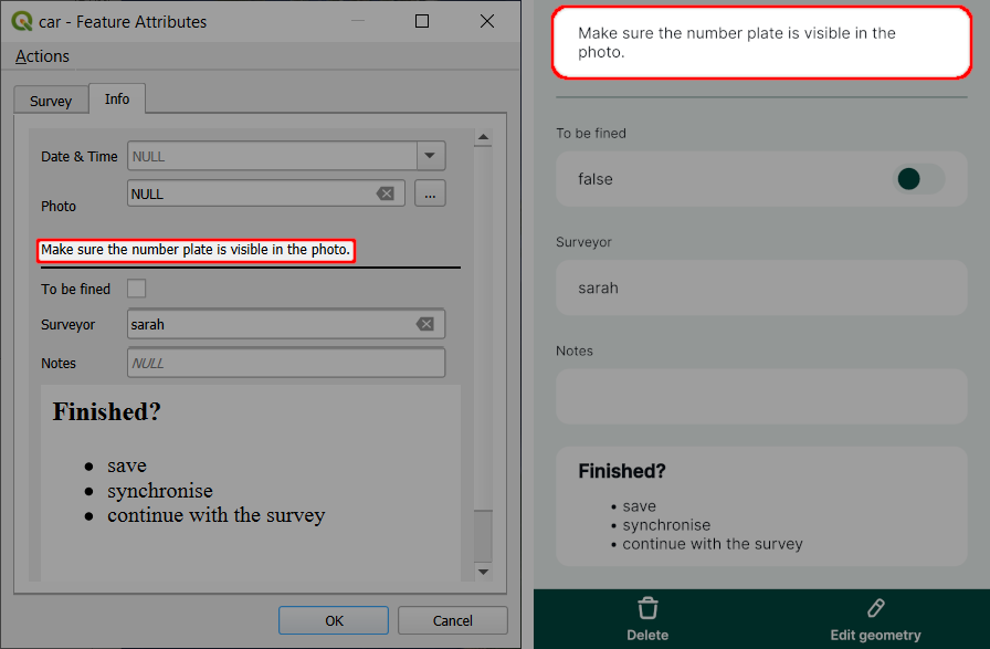 Widget de texto em QGIS e no formulário de atributos da aplicação móvel Mergin Maps 