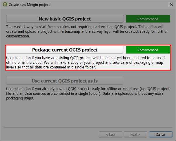 Mergin Maps QGIS plugin package current project