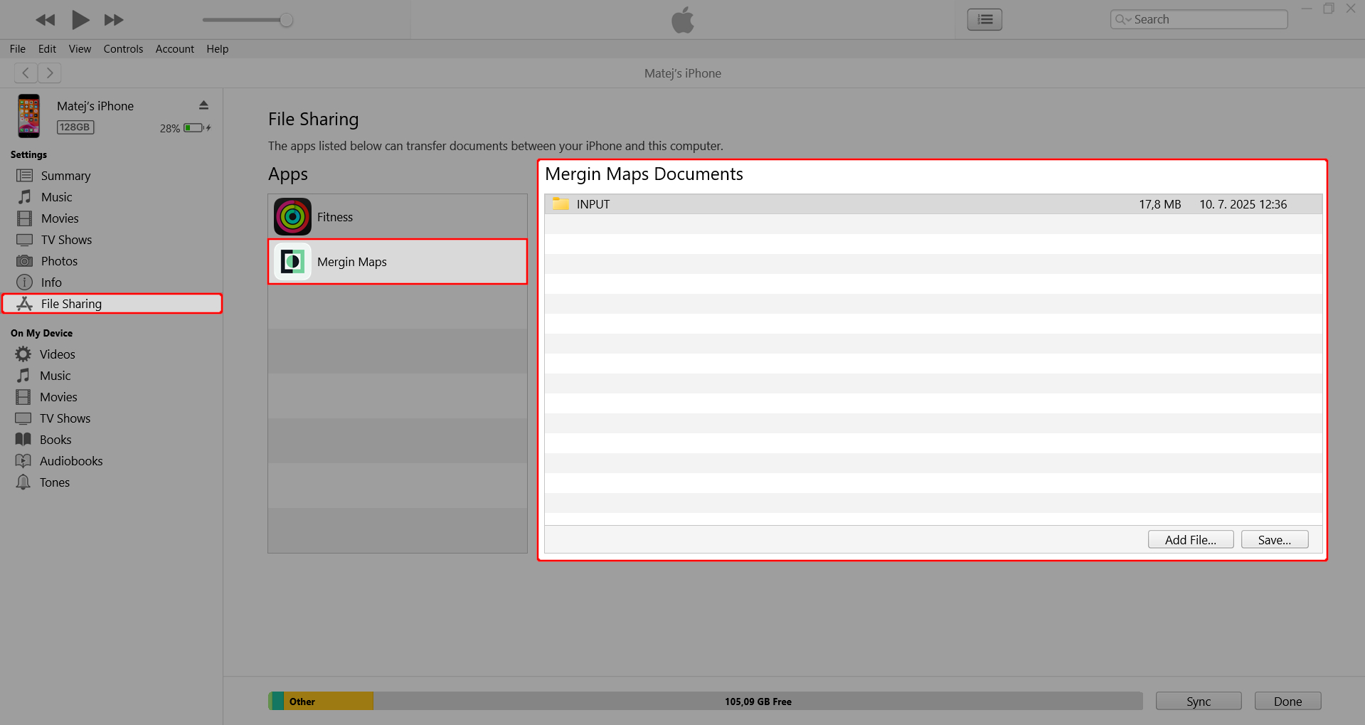 O iTunes guarda os ficheiros da aplicação móvel « Mergin Maps »