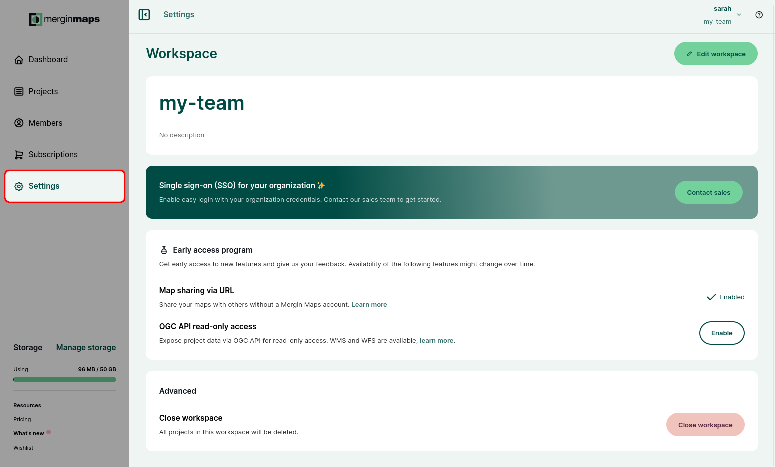 Definições do espaço de trabalho web do painel de controlo do Mergin