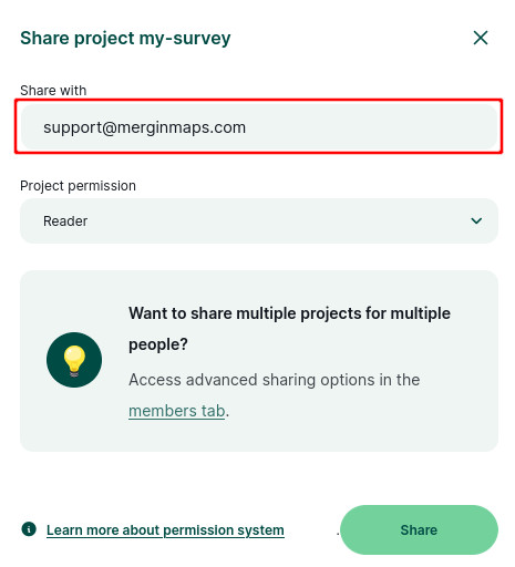 Partilhar um projeto d Mergin Maps s com a equipa de apoio