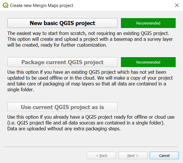 Criar opções de projeto d Mergin Maps 