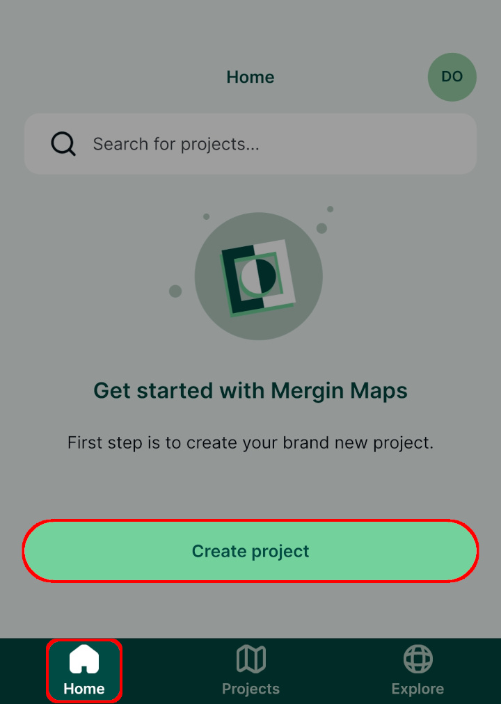 Mergin Maps Aplicação móvel: separador «Página inicial» > Criar projeto