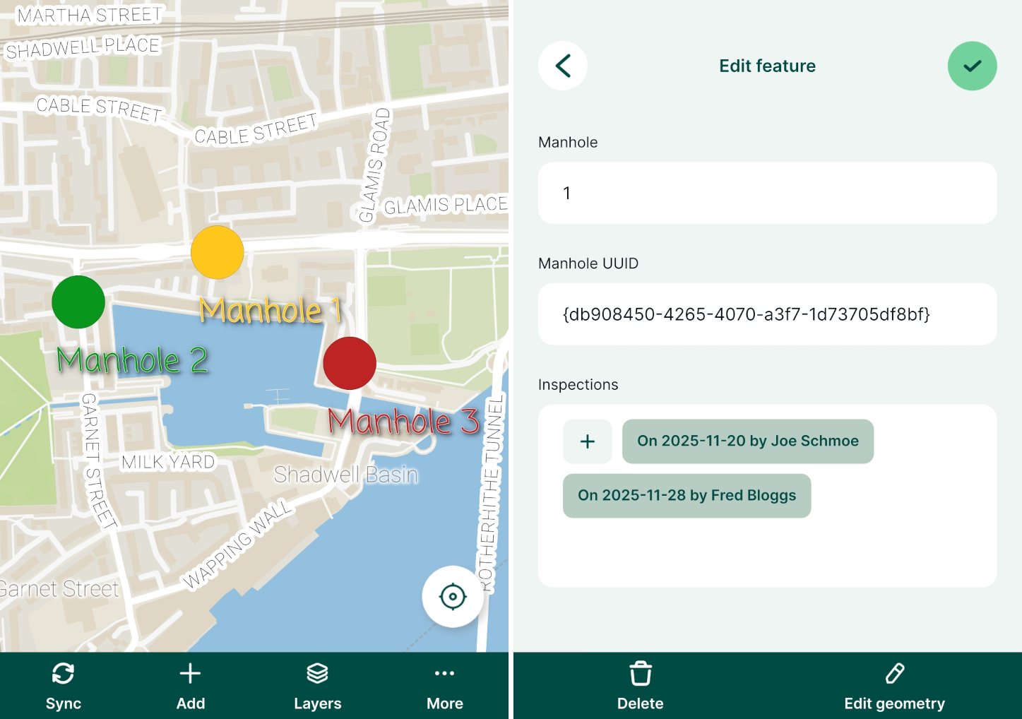 Várias inspeções associadas a um único ponto na aplicação móvel « Mergin Maps »