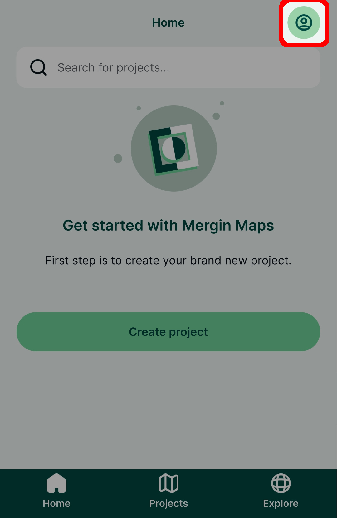 Mergin Maps ícone da conta na aplicação móvel