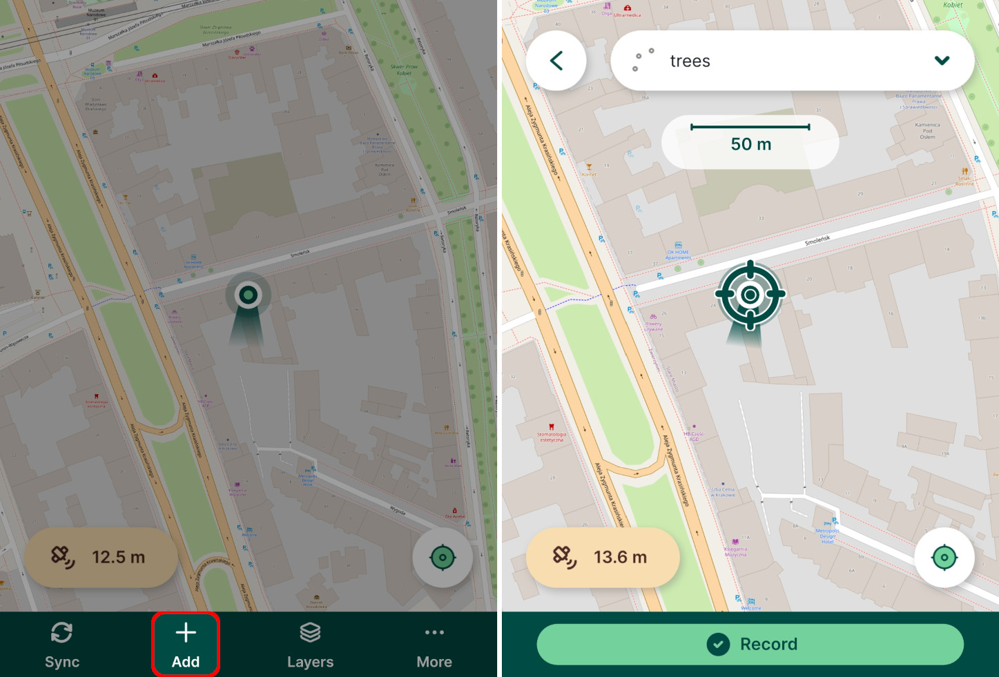 Mergin Maps Aplicação móvel: botão «Adicionar»
