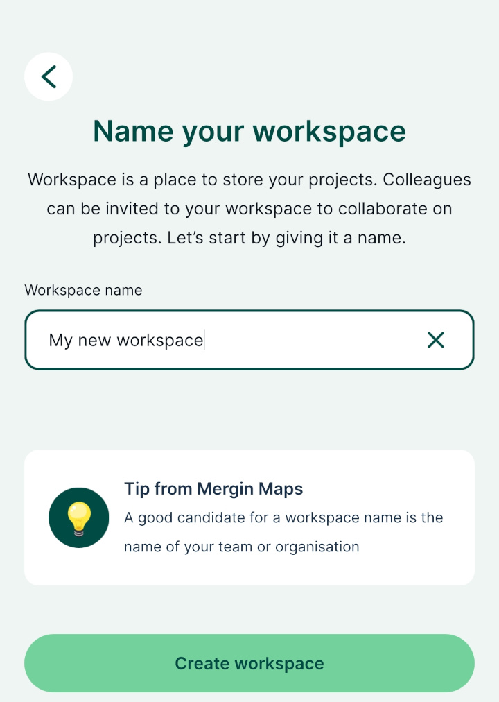 Atribuir um nome a um novo espaço de trabalho na aplicação móvel d Mergin Maps 