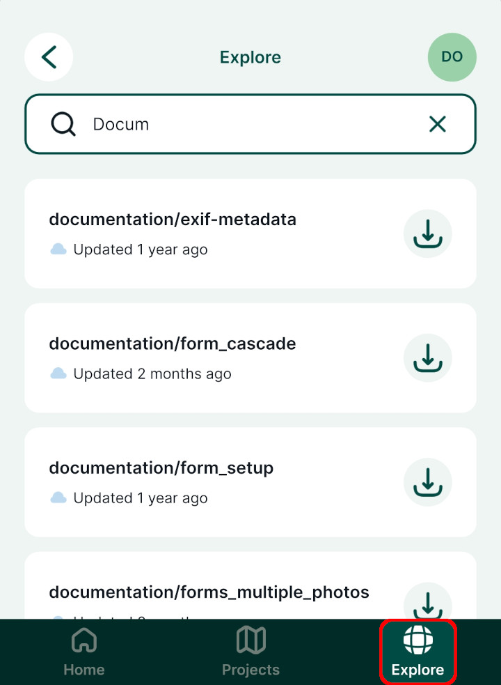 Mergin Maps separador «Projetos» da aplicação móvel