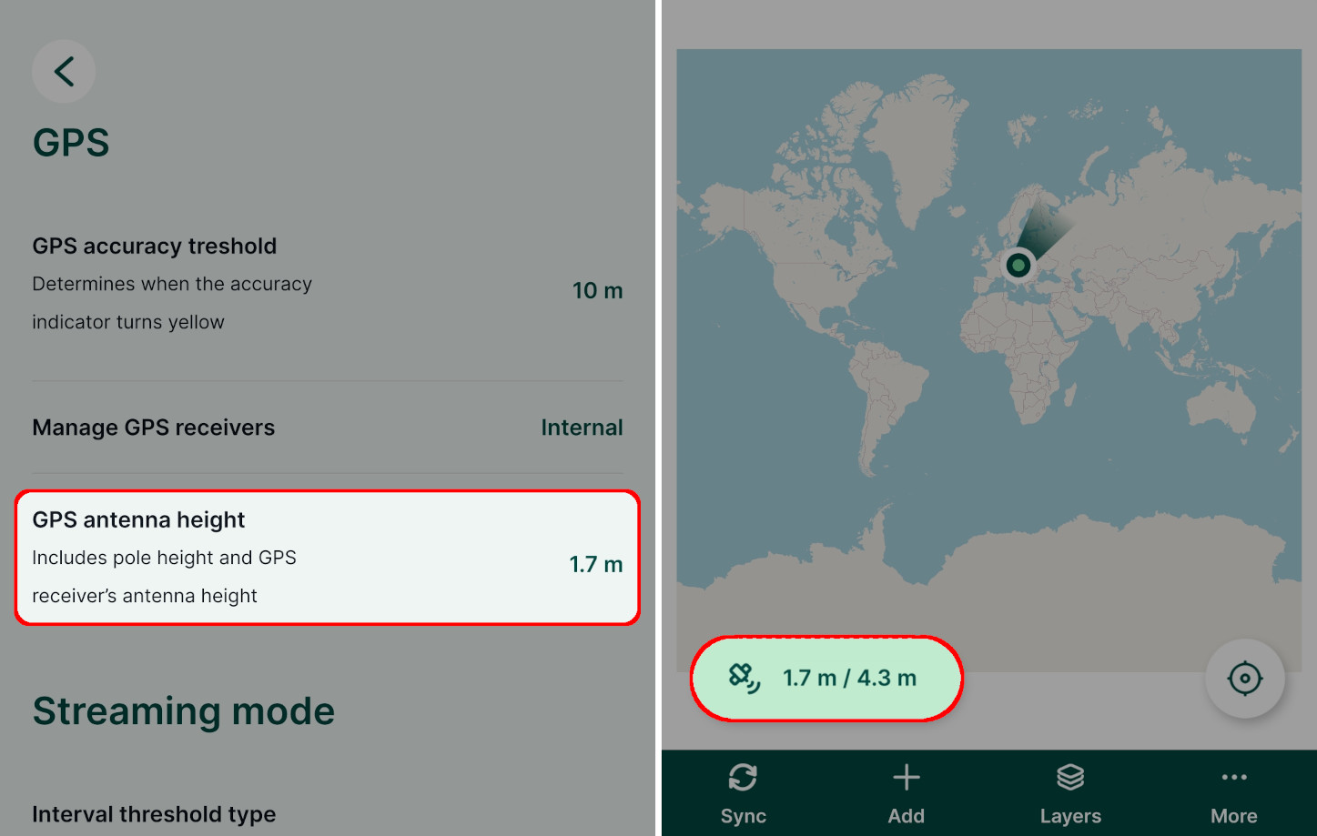 Configuração da altura da antena GPS na aplicação móvel « Mergin Maps »