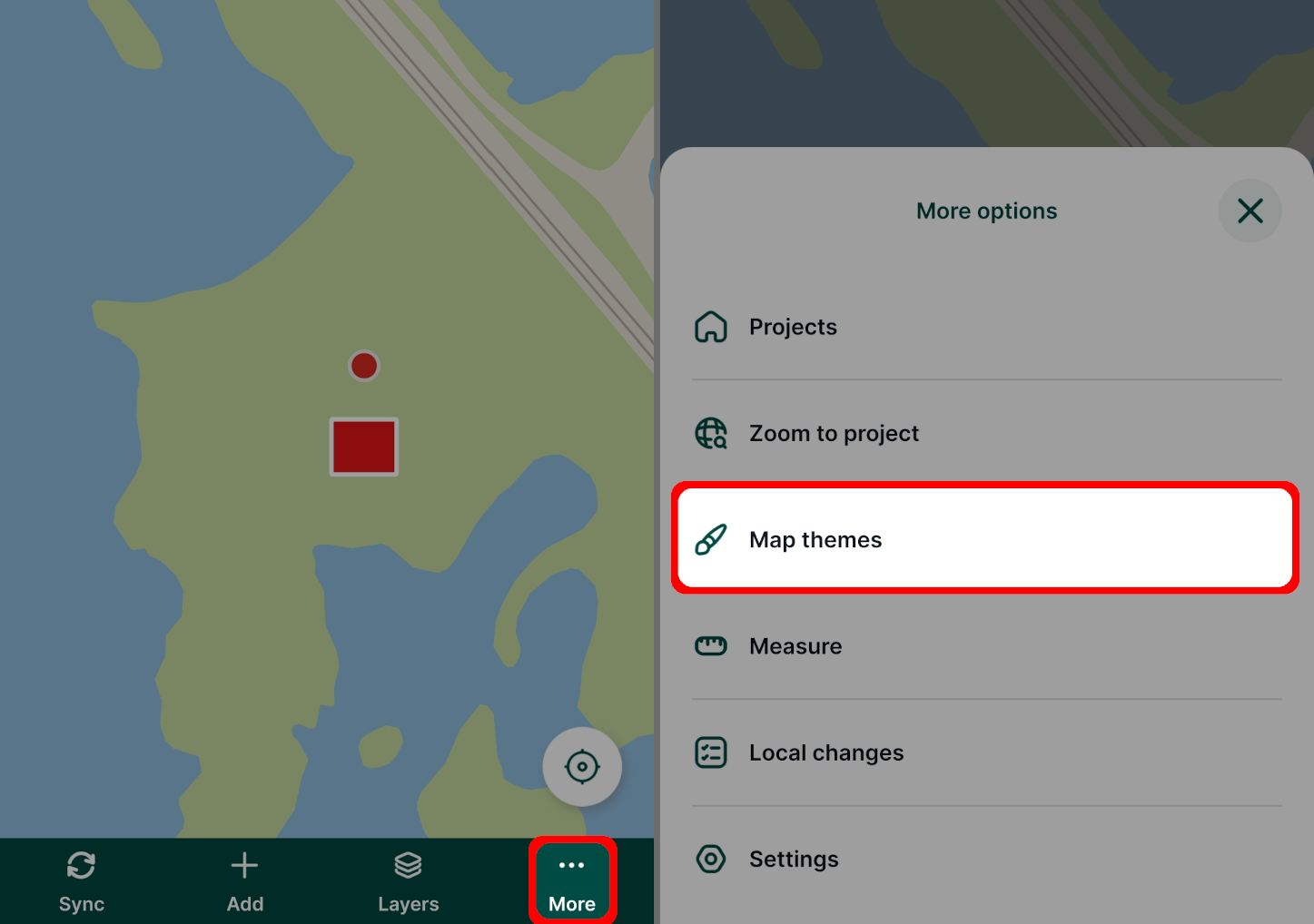 Opção «Temas do mapa» na aplicação móvel « Mergin Maps »