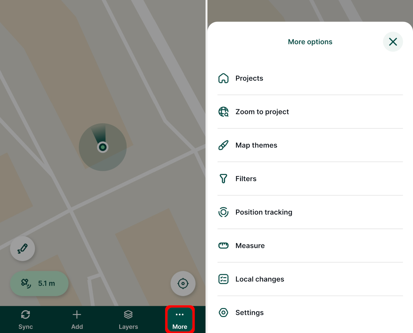 Mergin Maps aplicação móvel Mais opções