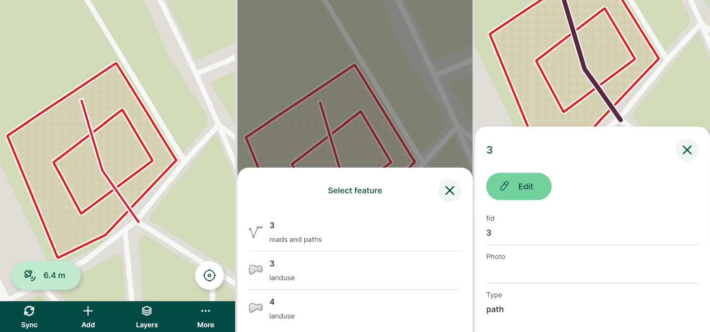 Mergin Maps seleção de várias funcionalidades na aplicação móvel
