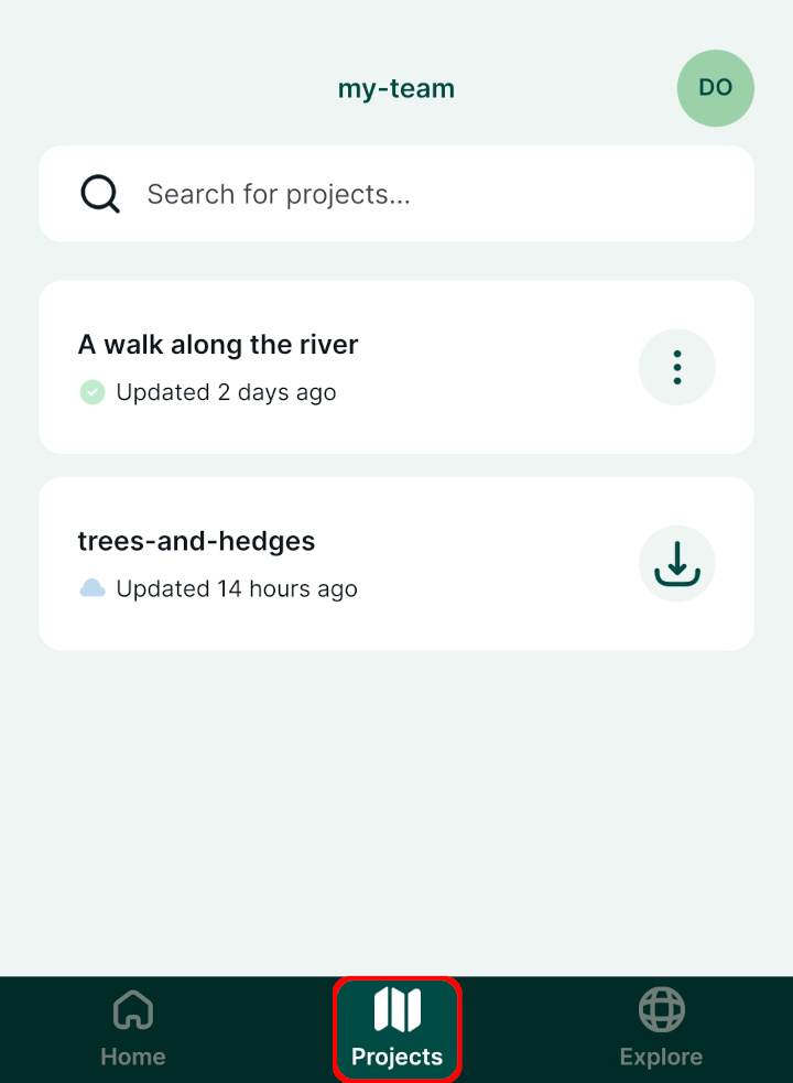 Mergin Maps separador «Projetos» da aplicação móvel