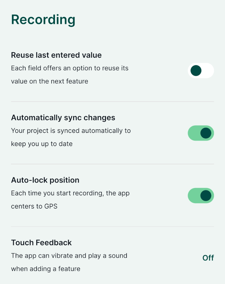 Mergin Maps configurações de gravação da aplicação móvel