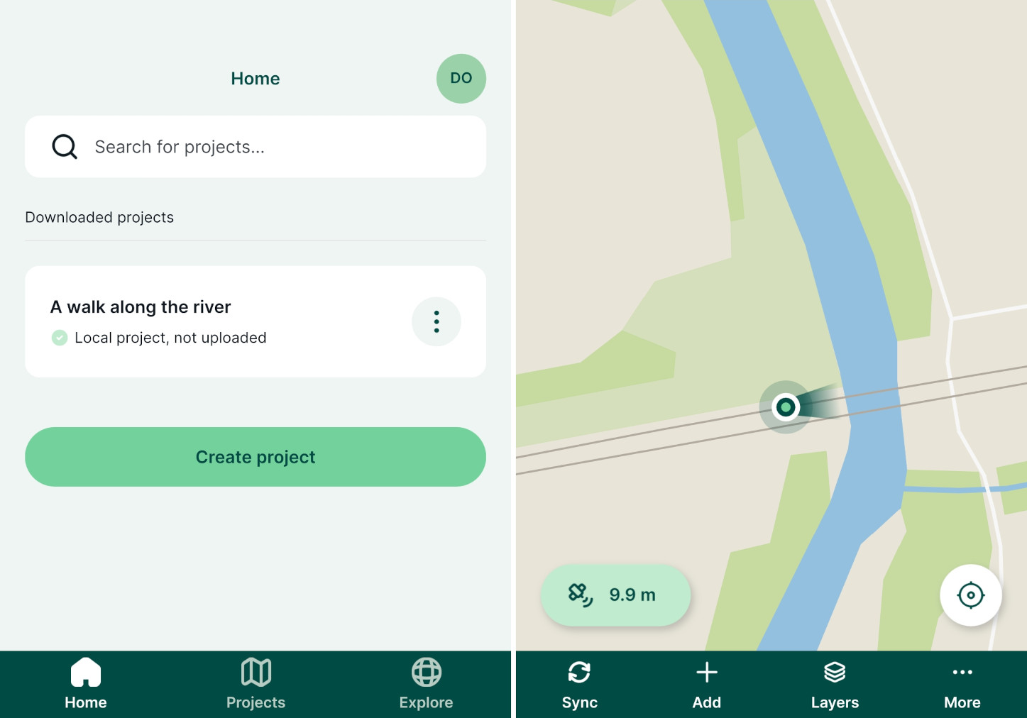 Mergin Maps interface do utilizador de uma aplicação móvel