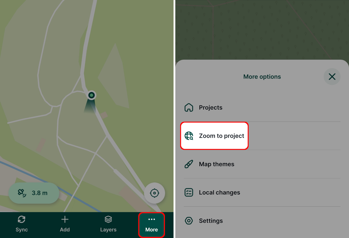 Opção «Ampliar para projetar» na aplicação móvel « Mergin Maps »