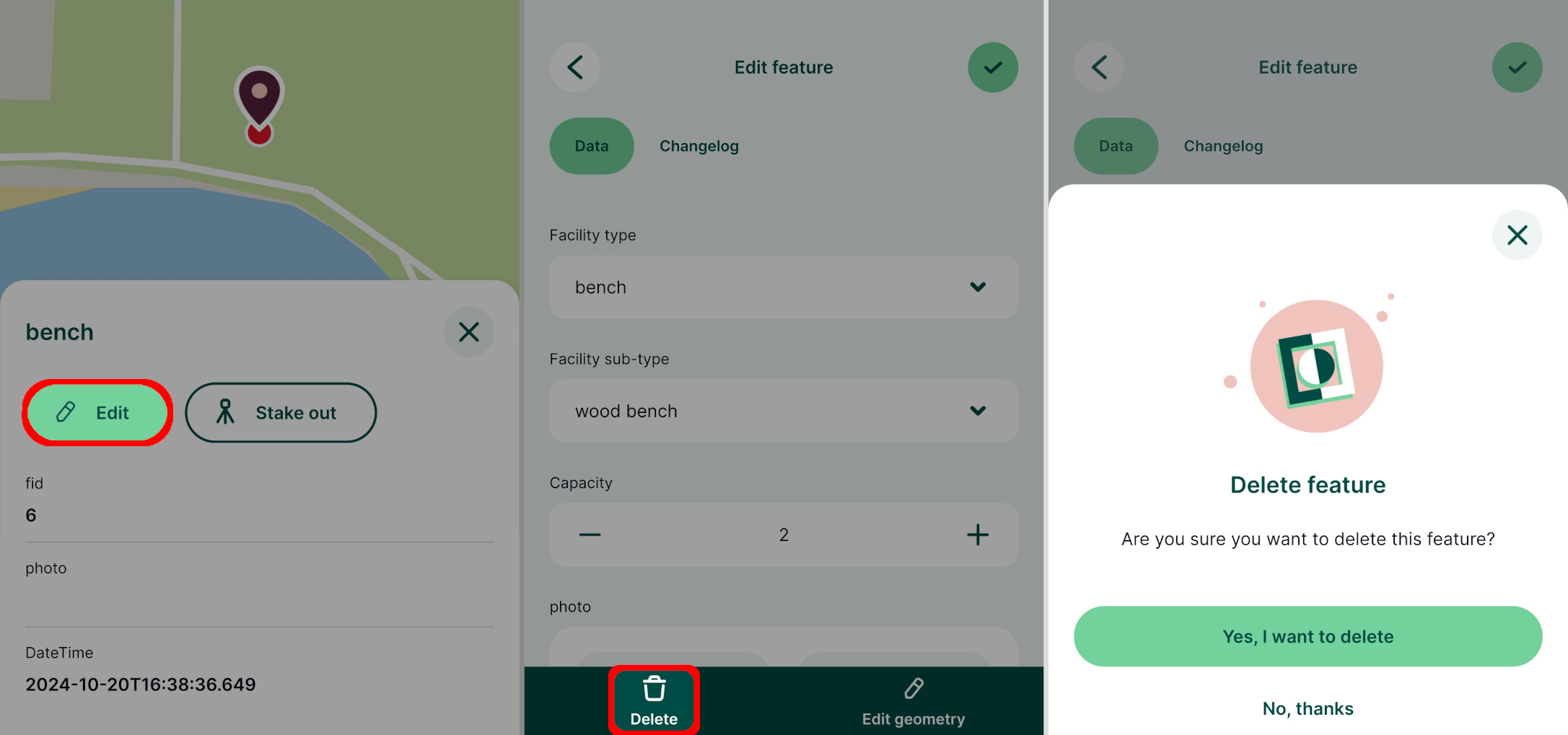 Funcionalidade «Apagar» na aplicação móvel « Mergin Maps »