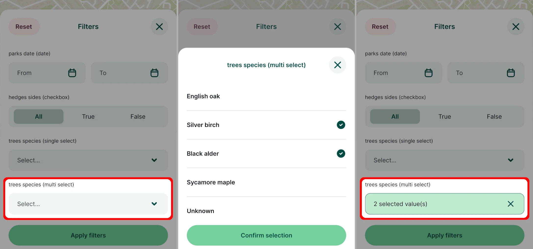 Mergin Maps Aplicação móvel: Filtro de seleção múltipla