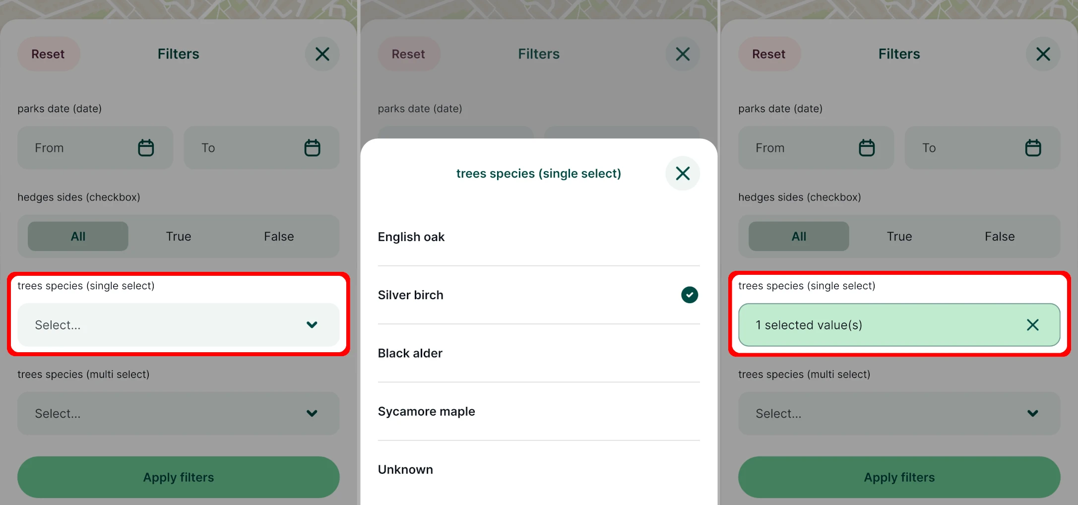 Mergin Maps Aplicação móvel: Filtro de seleção única