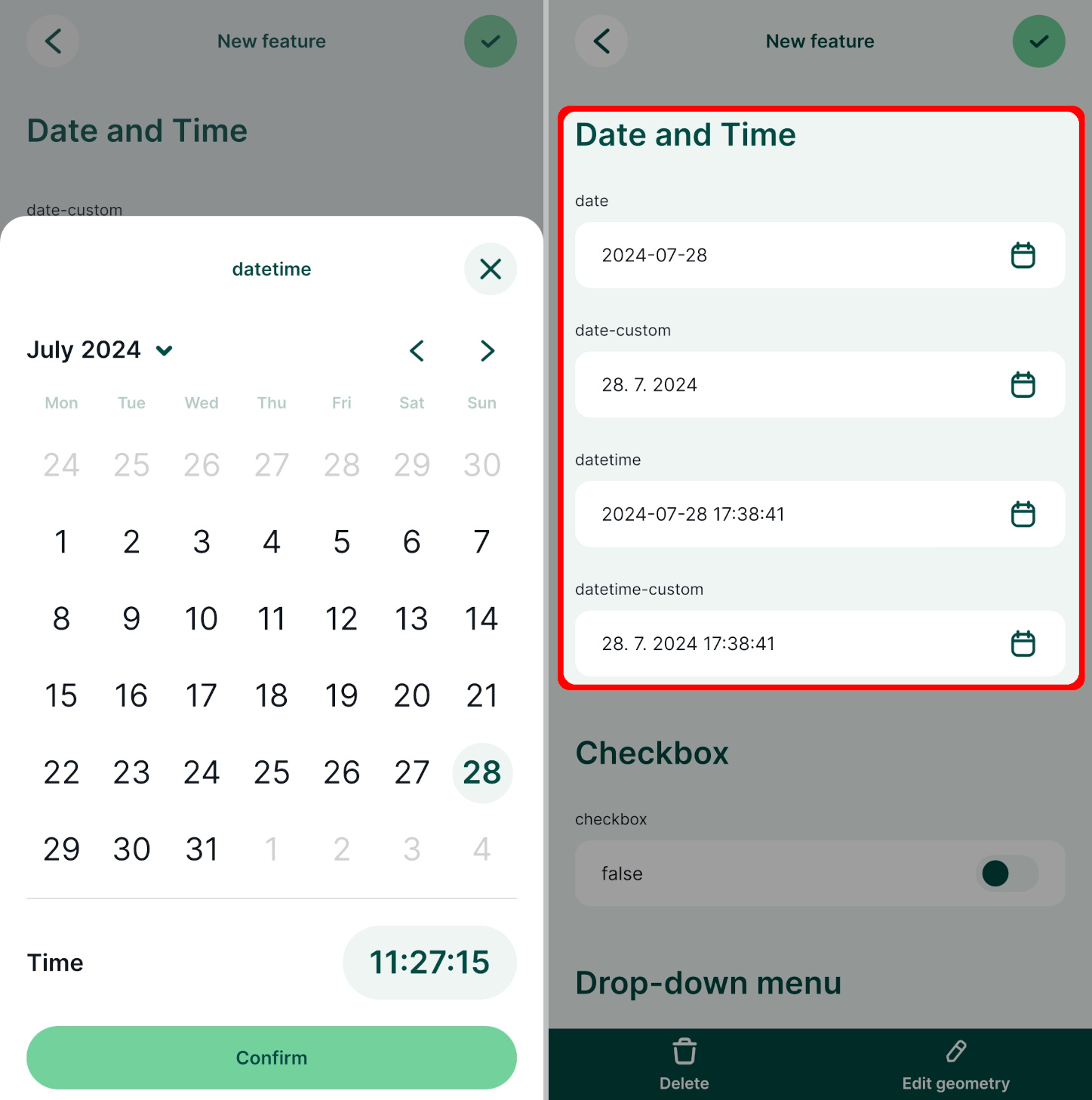 Mergin Maps campos de data e hora no formulário do calendário de uma aplicação móvel