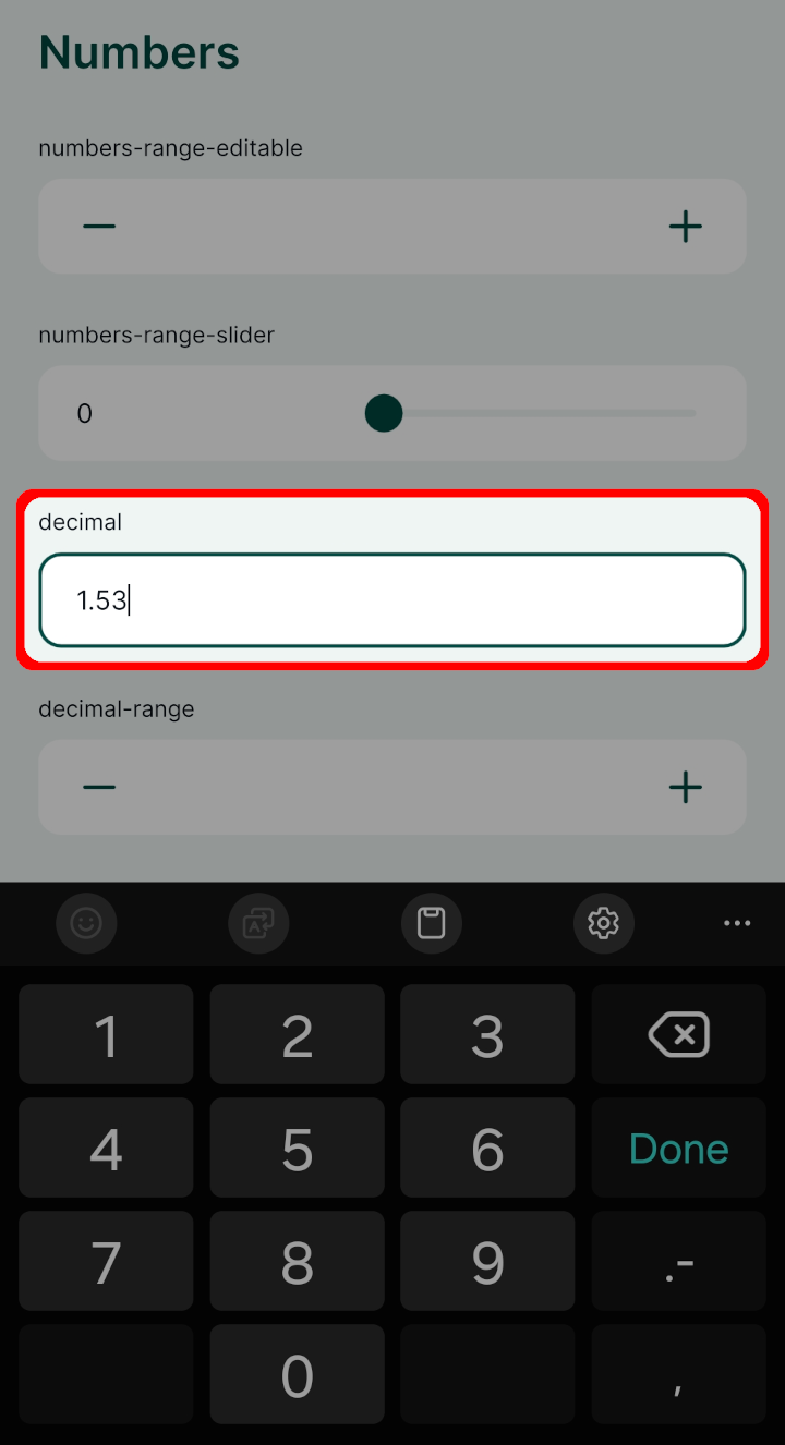 Mergin Maps formulário de edição de texto para números decimais numa aplicação móvel