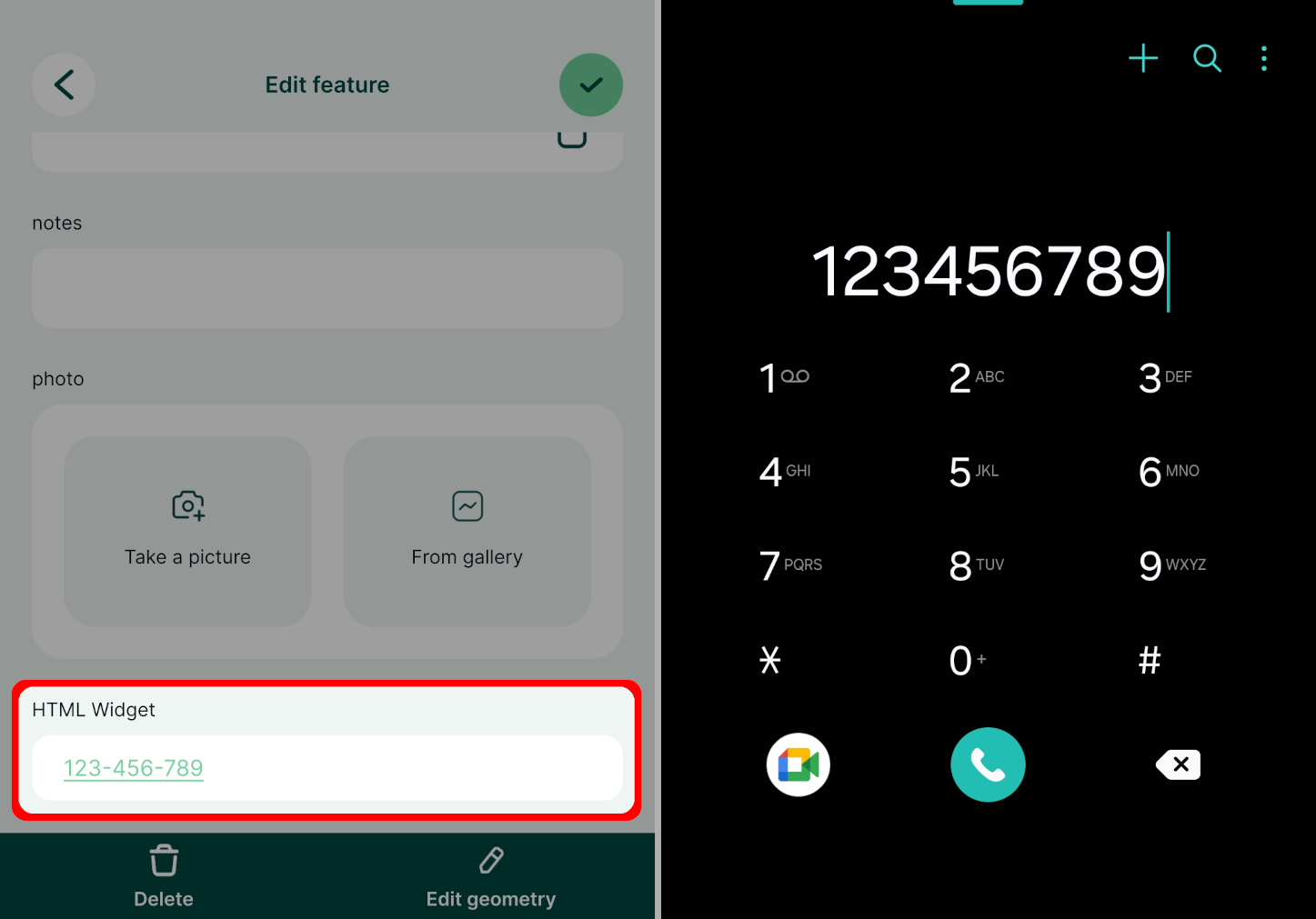Mergin Maps formulário da aplicação móvel com link para chamada telefónica