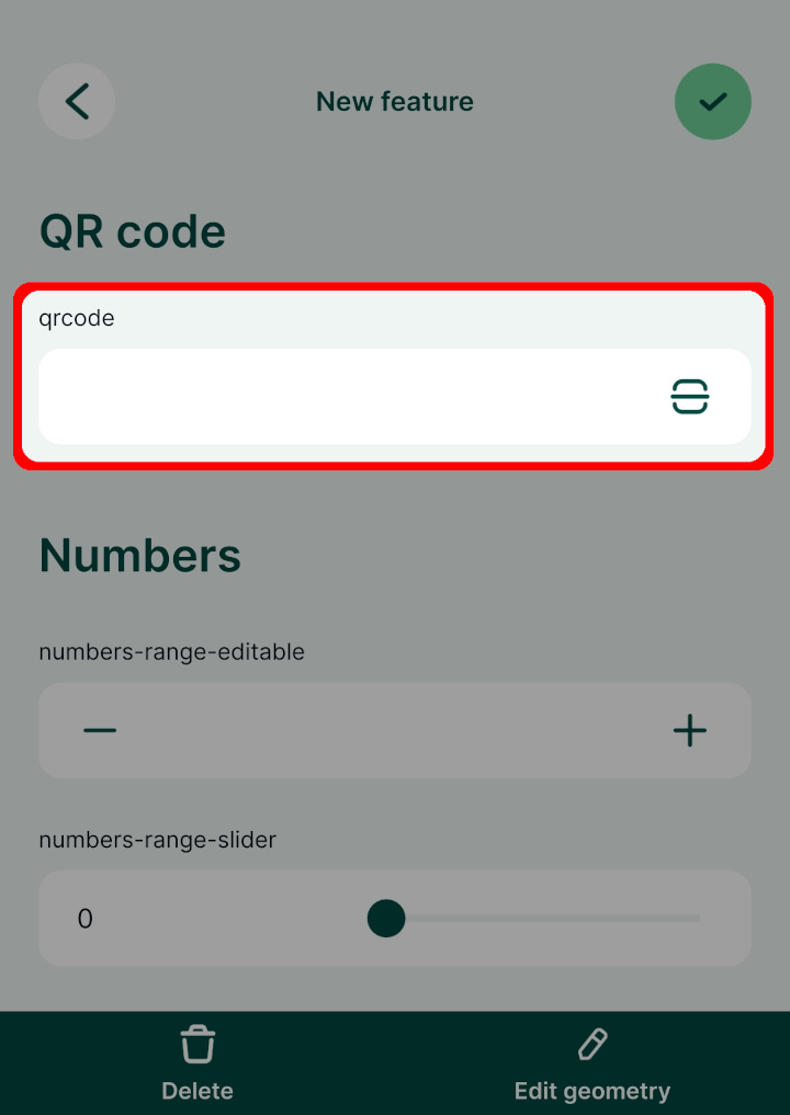 Mergin Maps formulário com campo de código QR para aplicação móvel