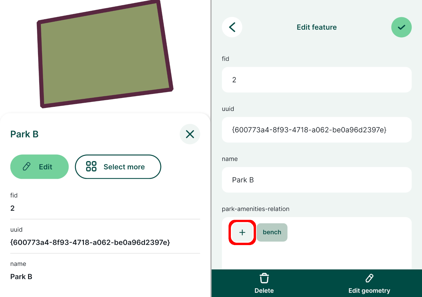 Mergin Maps widget de relação da aplicação móvel