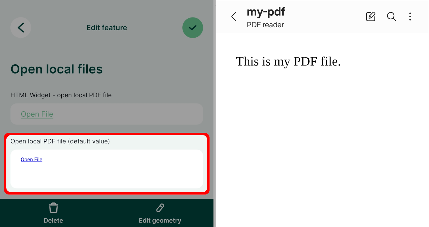 Abrir um ficheiro PDF local na aplicação móvel d Mergin Maps 