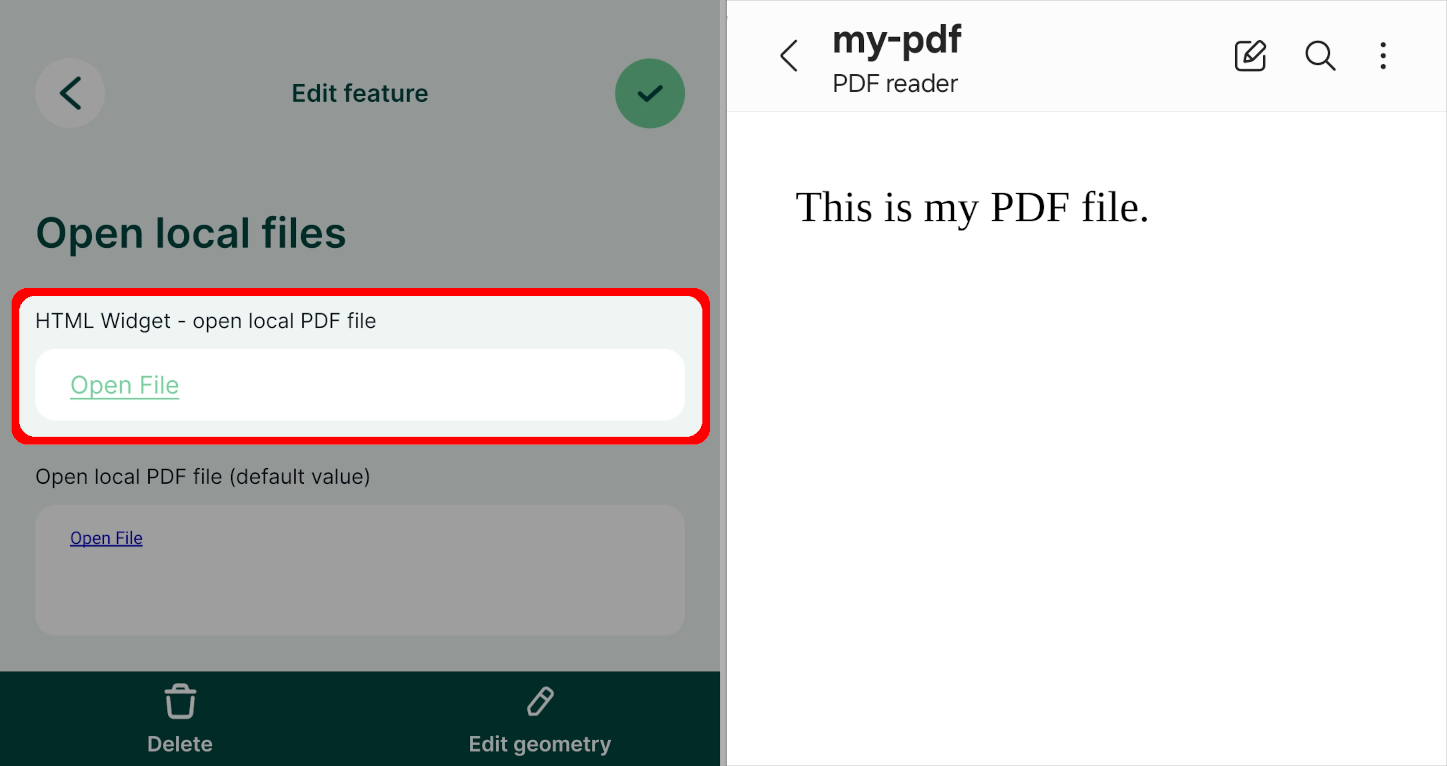 Abrir um ficheiro PDF local na aplicação móvel d Mergin Maps 
