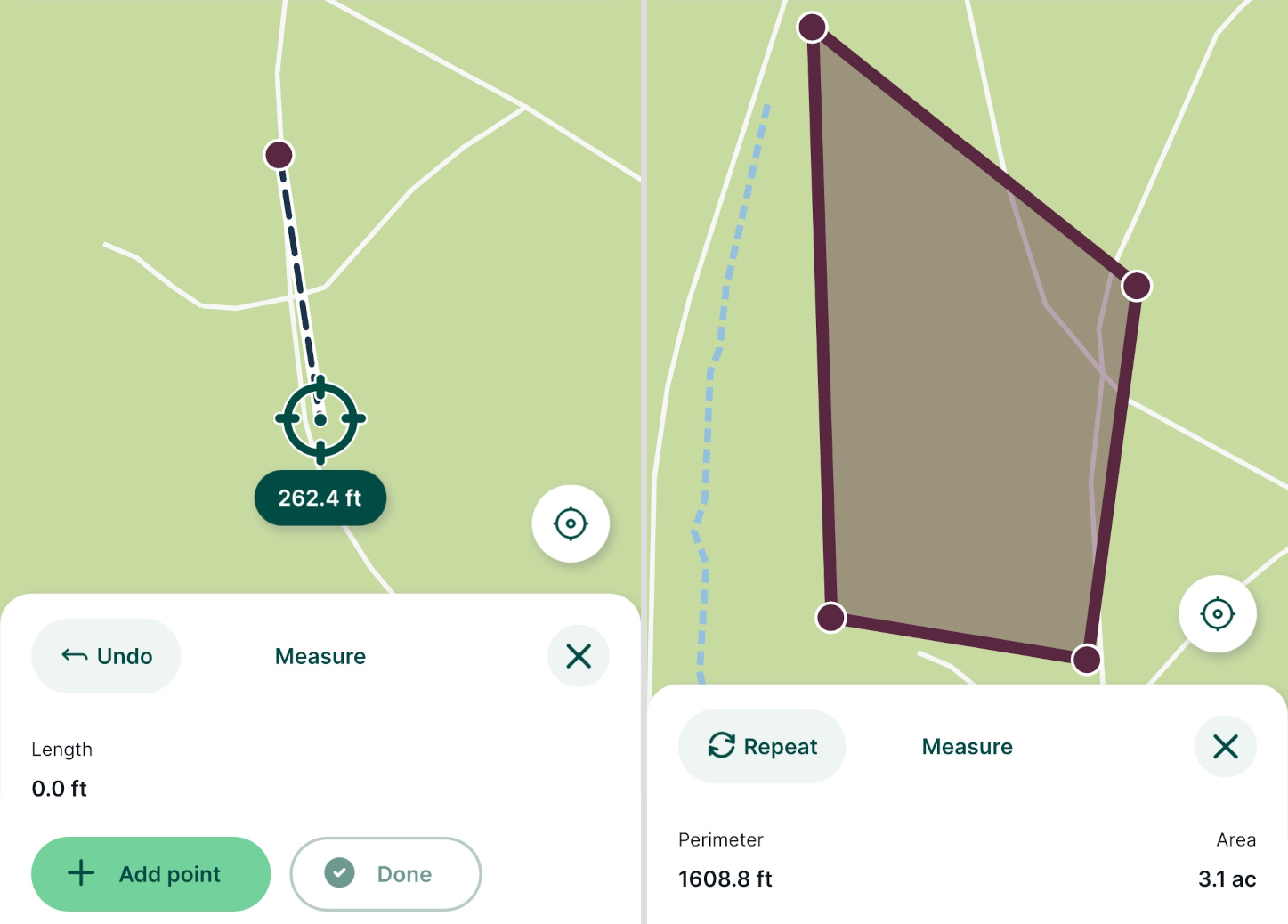 Mergin Maps aplicação móvel que mede comprimentos e áreas em pés e acres