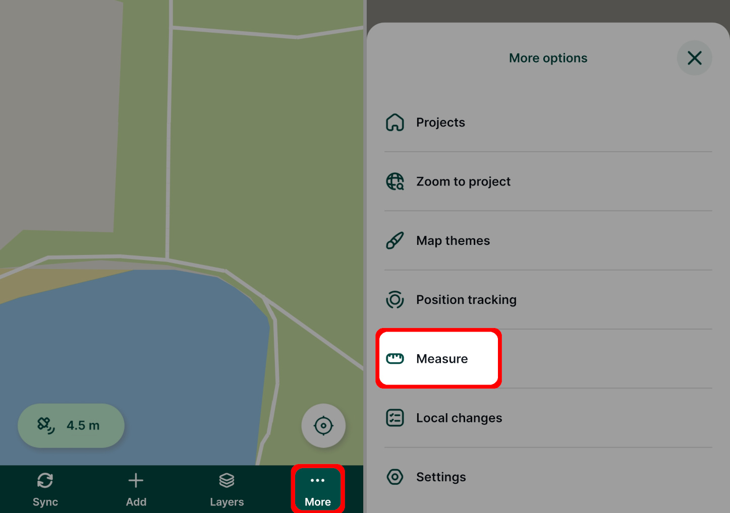 Mergin Maps Aplicação móvel Ferramentas de medição