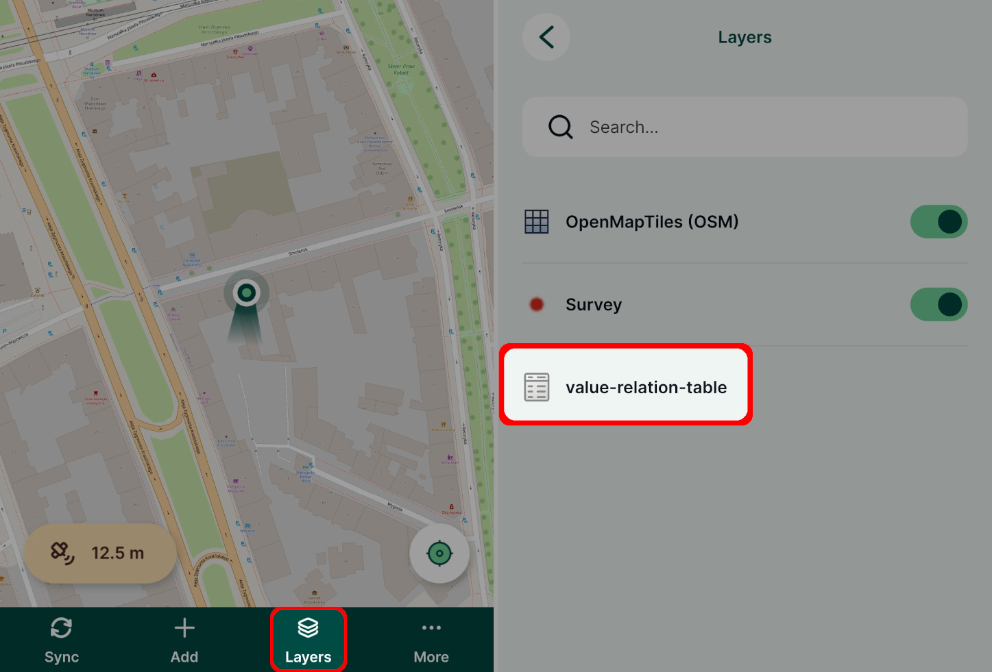 Mergin Maps Aplicação móvel: Painel «Camadas»