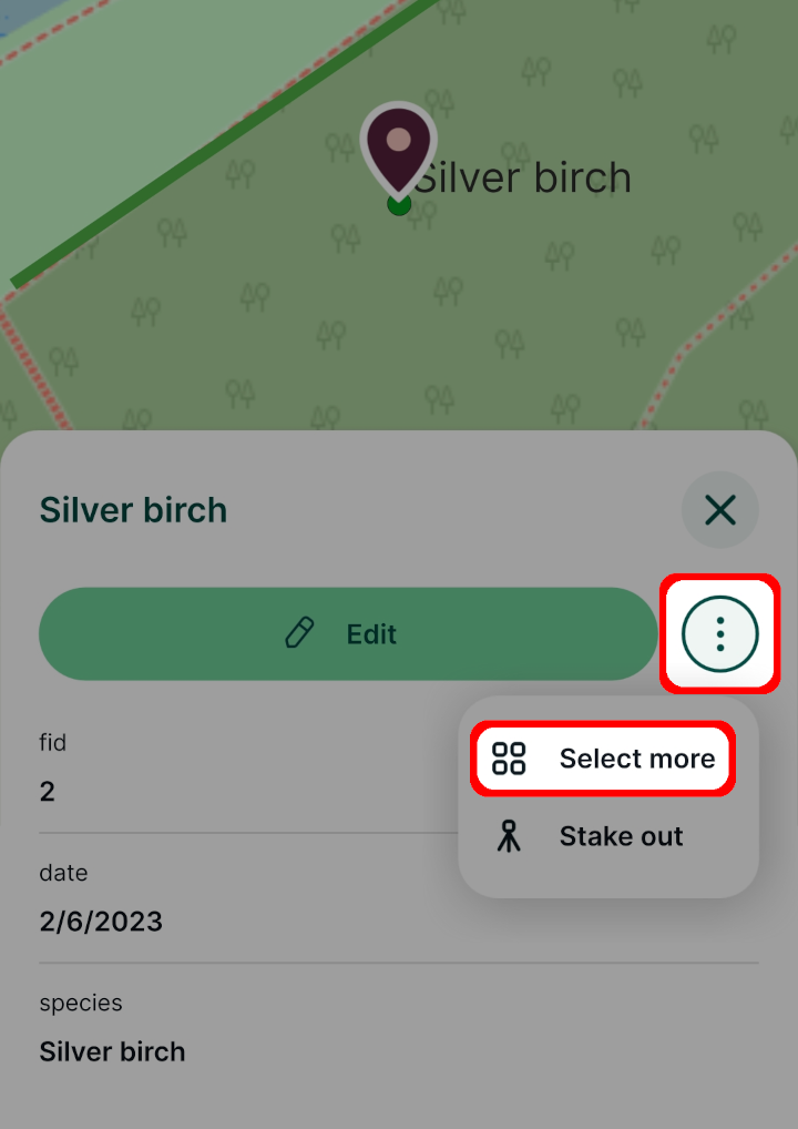 Botão «Selecionar mais funcionalidades» na aplicação móvel « Mergin Maps »