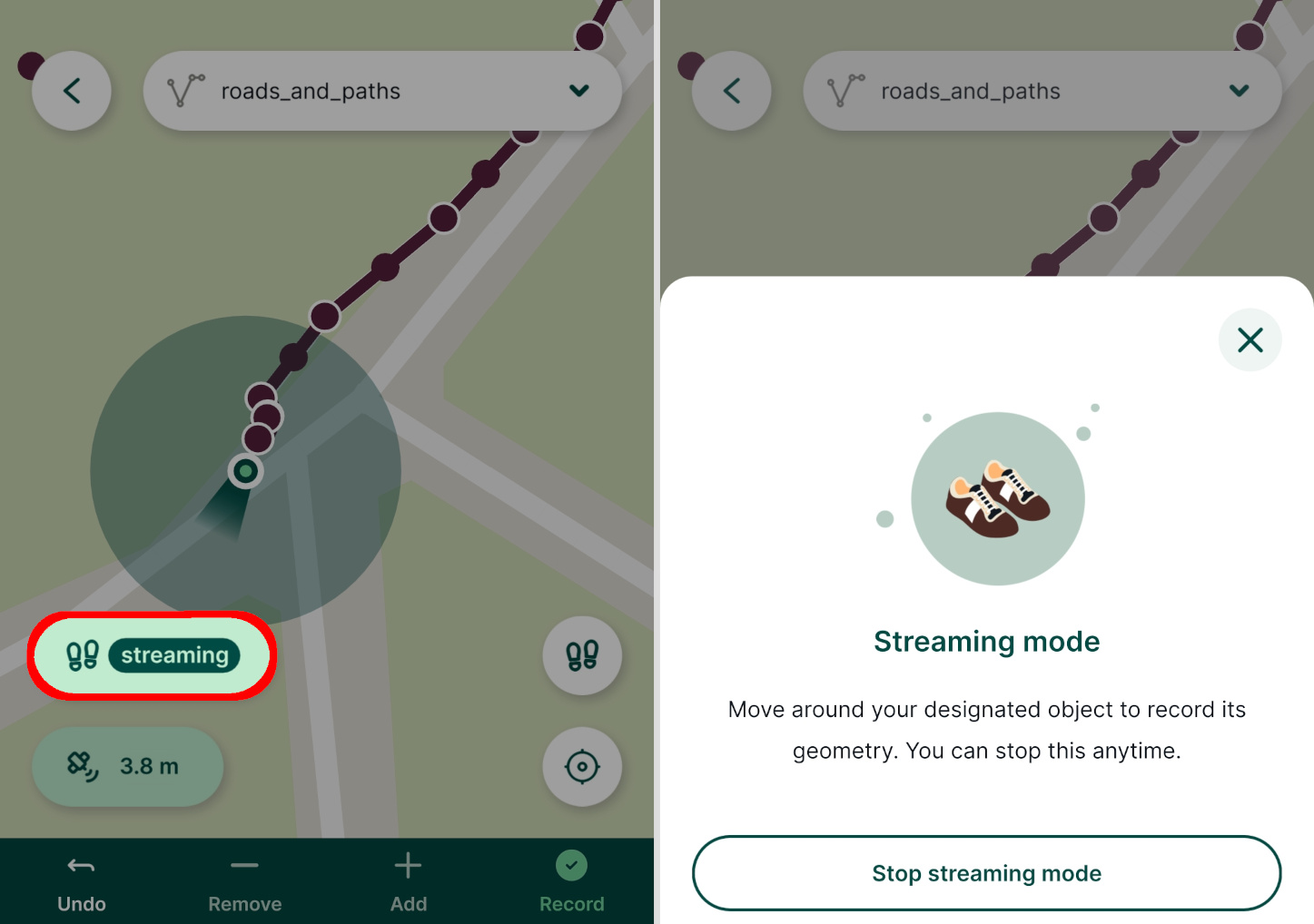 Mergin Maps modo de interrupção da transmissão na aplicação móvel