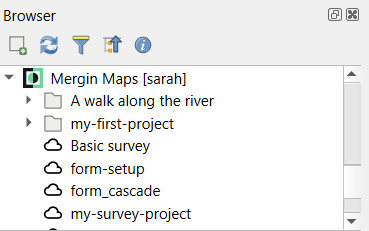 Lista de projetos « Mergin Maps » no navegador « QGIS »