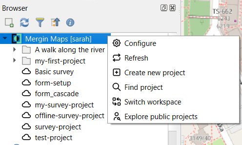 Mergin Maps num navegador d QGIS 