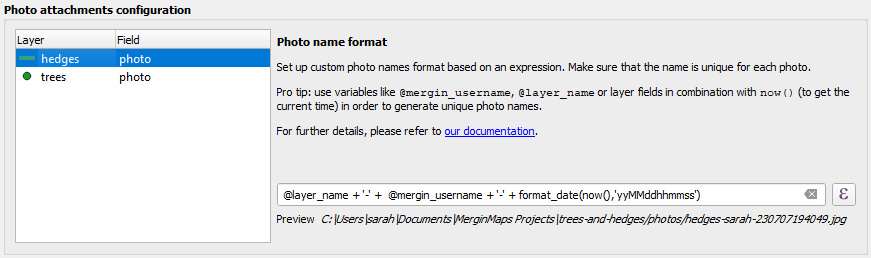 Mergin Maps QGIS Configuração do nome das fotografias do plugin com pasta personalizada