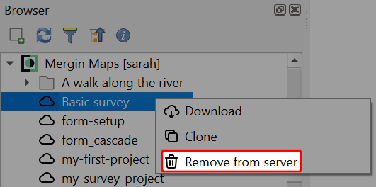 QGIS Remover o projeto « Mergin Maps » do servidor